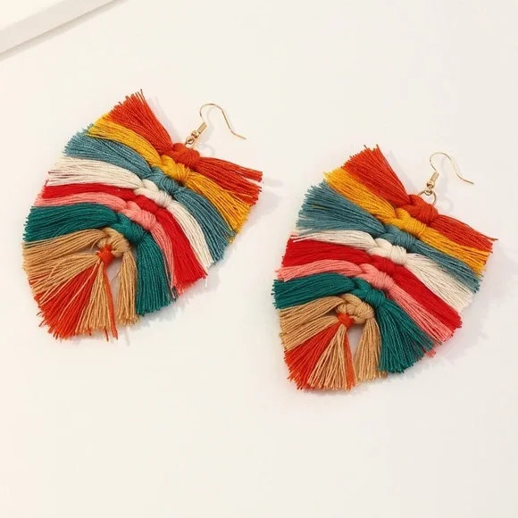 Boho Multicolor Tassel Leaf Shaped Earrings - Picture 3 of 3